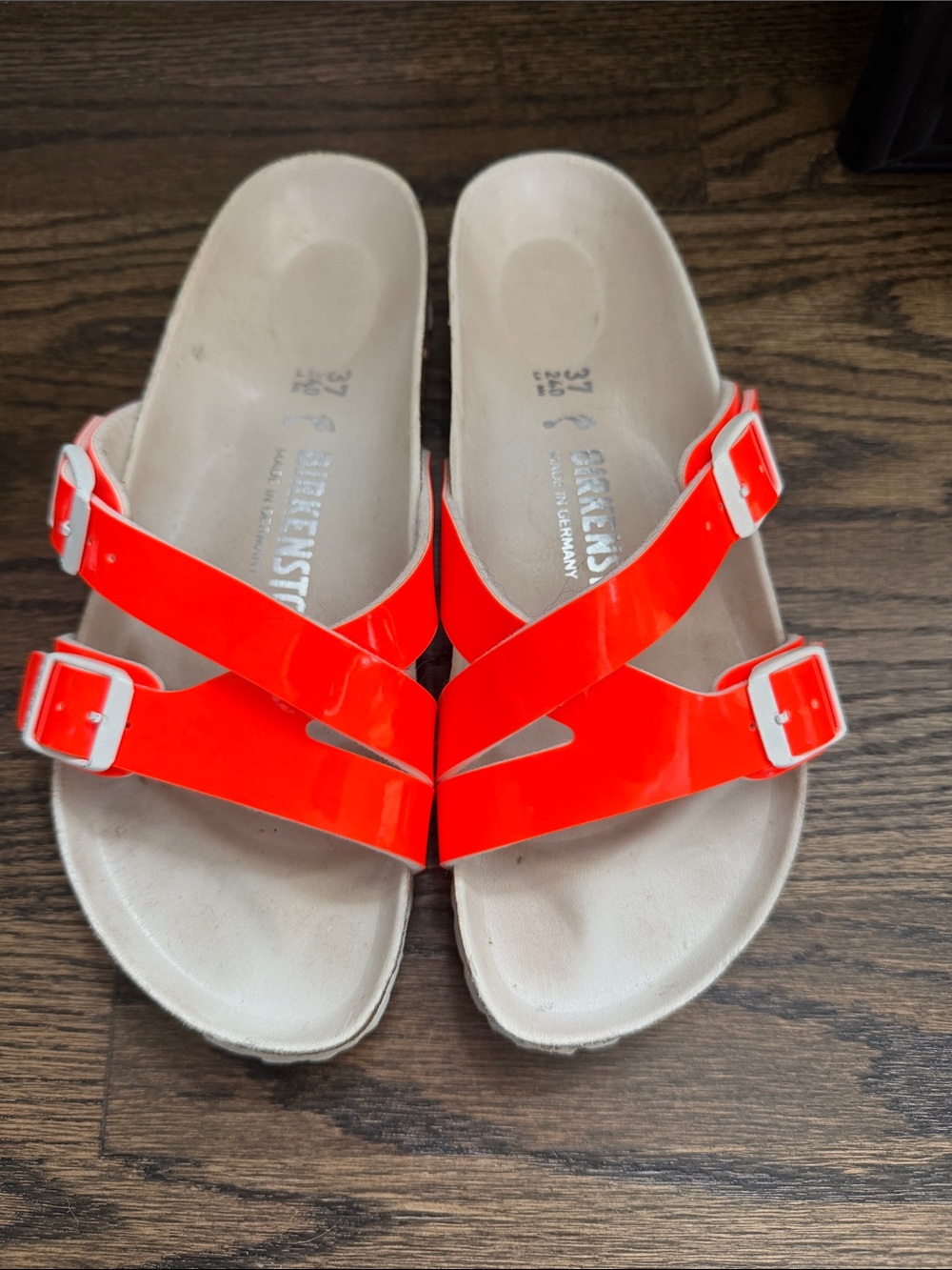 Birkenstock Dual-Strap Sandals in Neon Orange-Red